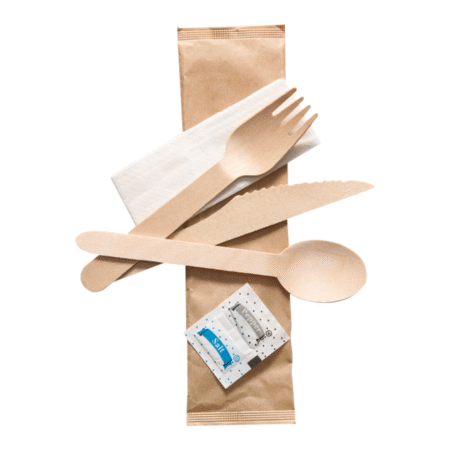 5 IN 1- WOODEN CUTLERY MEAL PACK (FORK+KNIFE+NAPKIN+SALT+PEPPER)